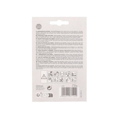 On the back of the PAPSTAR anniversary candles with holder 7 cm "gold" packaging of the PAPSTAR GmbH are multilingual instructions, safety and recycling symbols, mostly small text, a barcode at the bottom right, and information about the candle holder.