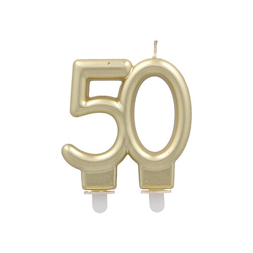The PAPSTAR anniversary candles with holder 7 cm "gold" from PAPSTAR GmbH is a gold-colored candle in the shape of the number 50 with two white plastic bases - ideal as anniversary candles gold for anniversary celebrations.