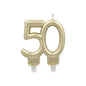The PAPSTAR anniversary candles with holder 7 cm "gold" from PAPSTAR GmbH is a gold-colored candle in the shape of the number 50 with two white plastic bases - ideal as anniversary candles gold for anniversary celebrations.