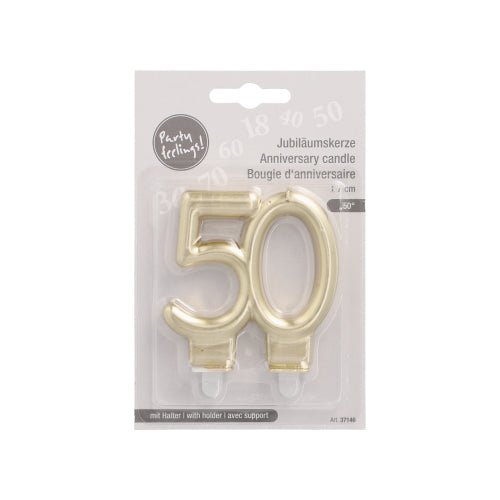 The PAPSTAR anniversary candles with holder 7 cm "gold" from PAPSTAR GmbH is a golden anniversary candle in the shape of the number 50, packaged with a clear plastic holder with multilingual text for easy use.