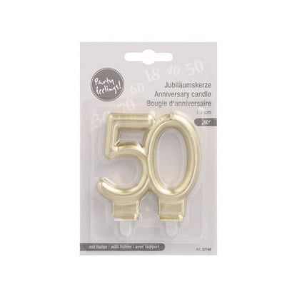 The PAPSTAR anniversary candles with holder 7 cm "gold" from PAPSTAR GmbH is a golden anniversary candle in the shape of the number 50, packaged with a clear plastic holder with multilingual text for easy use.