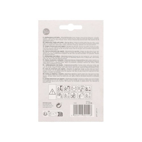 The back of a PAPSTAR anniversary candles with holder 7 cm "gold" packaging of the PAPSTAR GmbH is equipped with multilingual text, safety symbols, recycling information, barcode, and hanging hole. Ideal for candles with holder or birthday candles.
