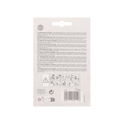 The back of a PAPSTAR anniversary candles with holder 7 cm "gold" packaging of the PAPSTAR GmbH is equipped with multilingual text, safety symbols, recycling information, barcode, and hanging hole. Ideal for candles with holder or birthday candles.