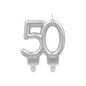 Celebrate milestones with the PAPSTAR GmbH anniversary candles with holder 7 cm "silver" - a silver number candle with two wicks and a white base, perfect for birthday parties or anniversaries.