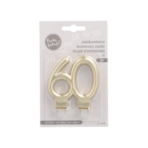 The PAPSTAR anniversary candles with holder 7 cm "gold" from PAPSTAR GmbH are candles in number form (60), ideal for birthdays or anniversaries. They come with holders and have multilingual packaging.