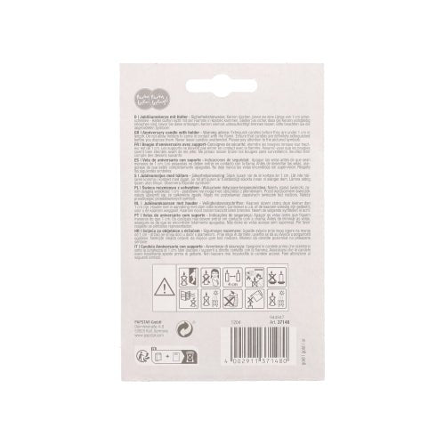 The packaging of the PAPSTAR anniversary candles with holder 7 cm "gold" (by PAPSTAR GmbH) is provided with multilingual text, safety symbols, and a barcode at the bottom edge. There is a hanging hole at the top center. Most of the text is small and not easily readable.