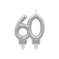 The PAPSTAR GmbH anniversary candles with holder 7 cm "silver" is a silver birthday candle in the shape of the number 60, with two wicks and small holders for easy placement on the cake.