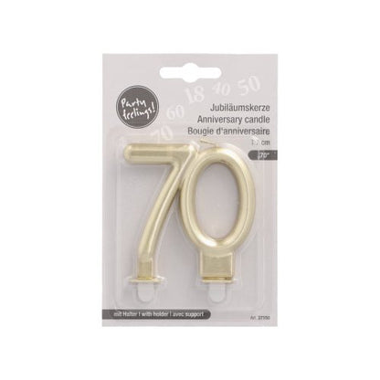 The PAPSTAR anniversary candles with holder 7 cm "gold" from PAPSTAR GmbH is a golden anniversary candle in the shape of the number 70, packaged in clear plastic with a labeled back featuring English and French text.