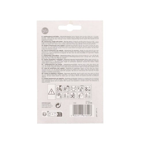 The PAPSTAR anniversary candles with holder 7 cm "gold" packaging shows multilingual instructions and warnings, a barcode at the bottom, safety and recycling symbols, as well as a punched hanging hole at the top edge. Brand: PAPSTAR GmbH.