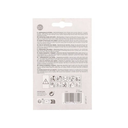 The PAPSTAR anniversary candles with holder 7 cm "gold" packaging shows multilingual instructions and warnings, a barcode at the bottom, safety and recycling symbols, as well as a punched hanging hole at the top edge. Brand: PAPSTAR GmbH.