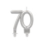 The PAPSTAR anniversary candles with holder 7 cm "silver" from PAPSTAR GmbH is a silver-metallic birthday candle in the shape of the number 70, with two small white bases - perfect for stylish celebrations that require silver candles with holders.