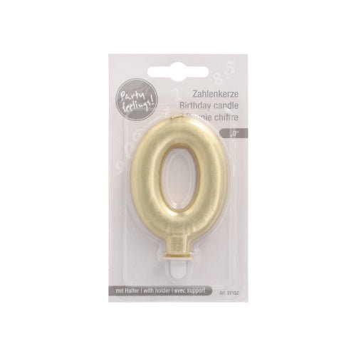 The PAPSTAR GmbH number candle with holder 7 cm "gold" comes in a plastic packaging with a white background, multilingual text, and an included holder - ideal as a cake decoration or birthday candle.