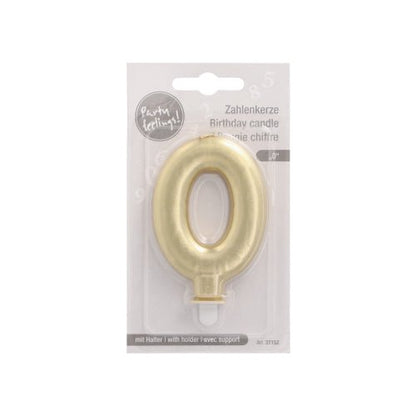 The PAPSTAR GmbH number candle with holder 7 cm "gold" comes in a plastic packaging with a white background, multilingual text, and an included holder - ideal as a cake decoration or birthday candle.
