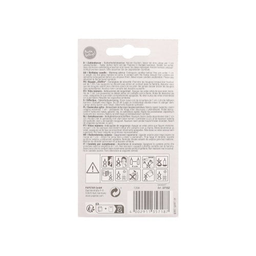 The back of a PAPSTAR number candle with holder 7 cm "gold" by PAPSTAR GmbH shows warnings in multiple languages, safety and recycling symbols, a barcode, and manufacturer information - ideal for birthday candles or cake decorations.