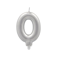 A PAPSTAR GmbH number candle with holder 7 cm "silver", shaped as a digit zero, with wick and small plastic holder - ideal as a birthday candle, against a white background.