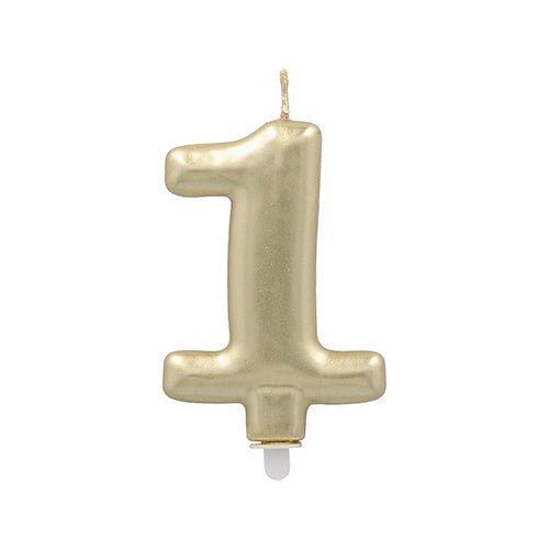 The PAPSTAR GmbH number candle with holder in gold (7 cm) is shaped like the number one, with a pointed wick and white base - ideal as a cake decoration or birthday candle, displayed on a plain white background.