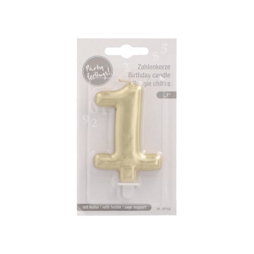 The PAPSTAR GmbH number candle with holder 7 cm "gold" is a gold-colored number candle with holder, ideal as a cake decoration for your celebration, and is packaged in clear plastic with a cardboard backing.