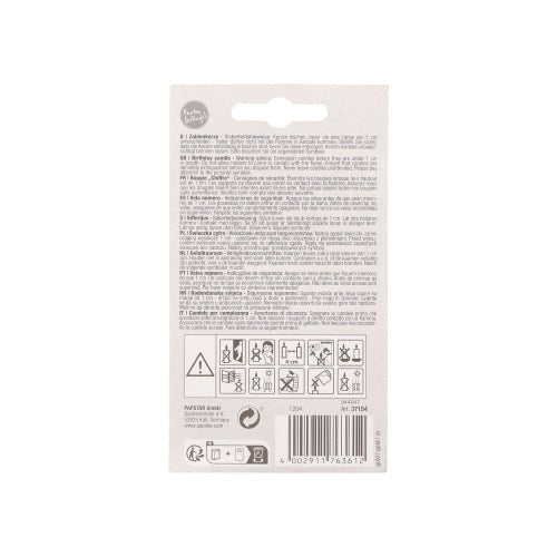 The image shows the back of a PAPSTAR number candle with holder 7 cm "gold" packaging by PAPSTAR GmbH with safety instructions, warnings, cake decoration symbols in various languages, a barcode, recycling information, and company details.