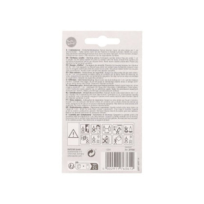 The image shows the back of a PAPSTAR number candle with holder 7 cm "gold" packaging by PAPSTAR GmbH with safety instructions, warnings, cake decoration symbols in various languages, a barcode, recycling information, and company details.