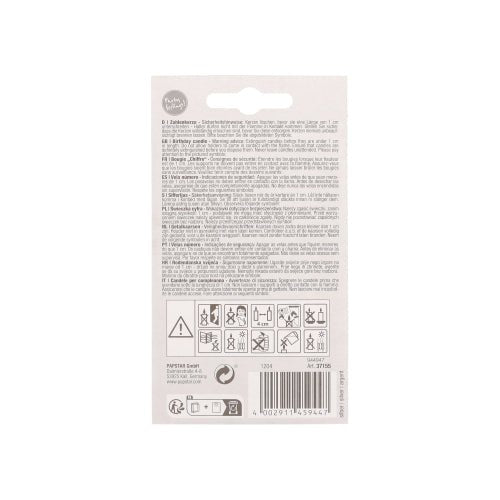 Back of a PAPSTAR GmbH number candle with holder 7 cm "silver" packaging with multilingual instructions, safety symbols, application guidelines, warnings, and a barcode on a white background.