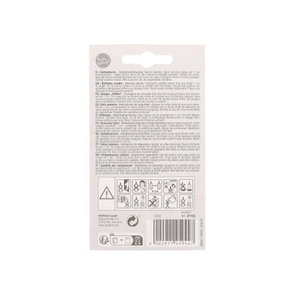 Back of a PAPSTAR GmbH number candle with holder 7 cm "silver" packaging with multilingual instructions, safety symbols, application guidelines, warnings, and a barcode on a white background.