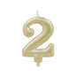 The PAPSTAR GmbH number candle with holder 7 cm "gold" is a metallic gold number 2 birthday candle with a wick and white base - ideal as a birthday candle and elegant cake decoration.