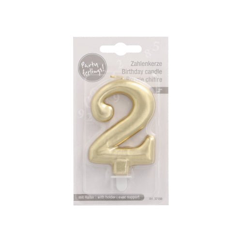 The PAPSTAR number candle with holder 7 cm "gold" by PAPSTAR GmbH comes in a clear plastic and cardboard display with multilingual text, ideal for cake decoration, and includes a white candle holder at the bottom.