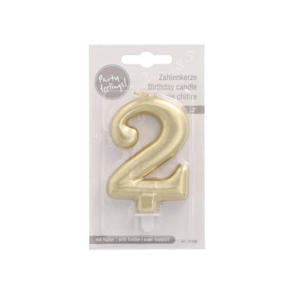 The PAPSTAR number candle with holder 7 cm "gold" by PAPSTAR GmbH comes in a clear plastic and cardboard display with multilingual text, ideal for cake decoration, and includes a white candle holder at the bottom.