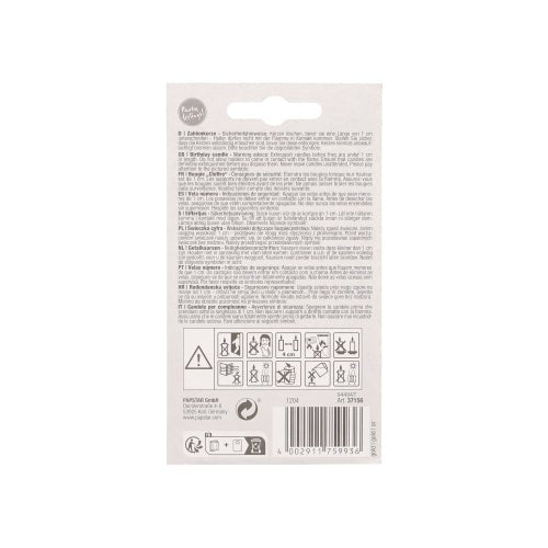 Rear view of the PAPSTAR number candle with holder 7 cm "gold" by PAPSTAR GmbH for cake decoration, shows multilingual text, warning symbols, barcode (bottom right), hanging hole (top center), as well as instructions and warnings for this birthday candle.
