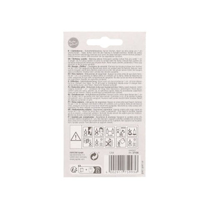 Rear view of the PAPSTAR number candle with holder 7 cm "gold" by PAPSTAR GmbH for cake decoration, shows multilingual text, warning symbols, barcode (bottom right), hanging hole (top center), as well as instructions and warnings for this birthday candle.