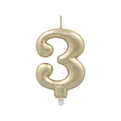 The PAPSTAR GmbH number candle with holder 7 cm "gold" is a gold-colored number candle with wick and white base, ideal as a birthday candle or cake decoration, displayed against a plain white background.