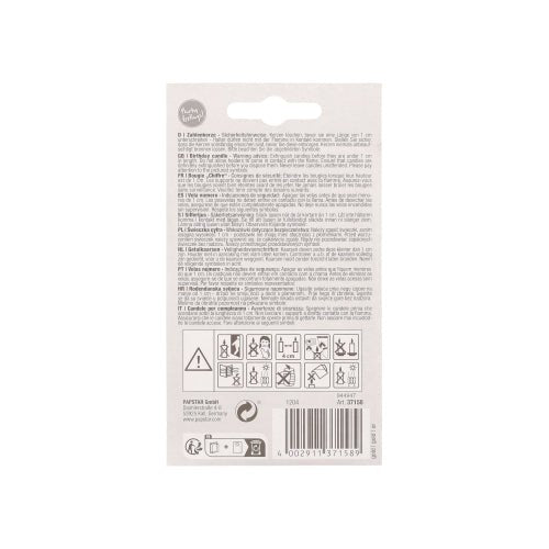On the back of a PAPSTAR number candle with holder 7 cm "gold" by PAPSTAR GmbH are safety instructions, multilingual instructions, warning symbols, a barcode, and recycling information in black print on a white background.