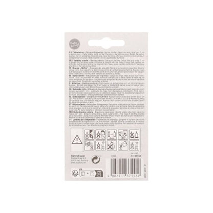On the back of a PAPSTAR number candle with holder 7 cm "gold" by PAPSTAR GmbH are safety instructions, multilingual instructions, warning symbols, a barcode, and recycling information in black print on a white background.