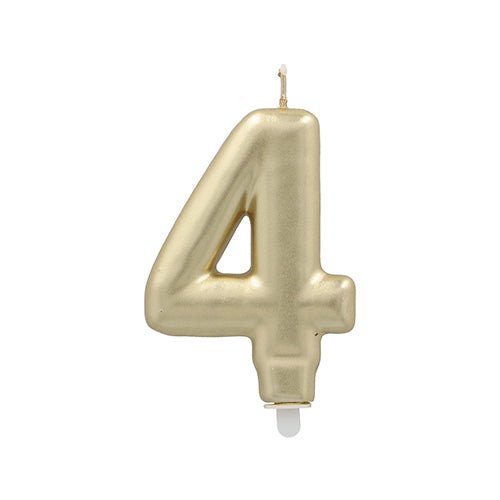 The PAPSTAR GmbH number candle with holder 7 cm "gold" is a gold-metallic number candle (4) with a white wick and plastic base, depicted on a plain white background.