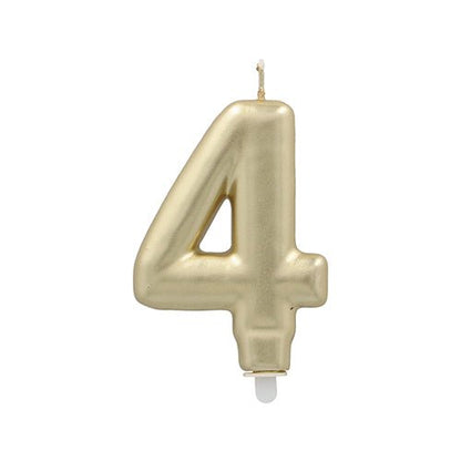 The PAPSTAR GmbH number candle with holder 7 cm "gold" is a gold-metallic number candle (4) with a white wick and plastic base, depicted on a plain white background.