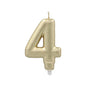 The PAPSTAR GmbH number candle with holder 7 cm "gold" is a gold-metallic number candle (4) with a white wick and plastic base, depicted on a plain white background.