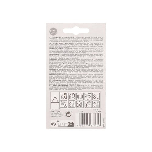 Backside of a PAPSTAR GmbH number candle with holder 7 cm "gold" packaging shows text in multiple languages, warnings, icons, barcode, safety, and recycling symbols - ideal as a birthday candle.