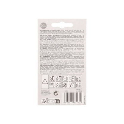 Backside of a PAPSTAR GmbH number candle with holder 7 cm "gold" packaging shows text in multiple languages, warnings, icons, barcode, safety, and recycling symbols - ideal as a birthday candle.