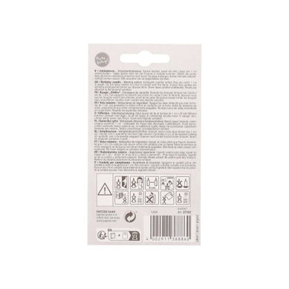 Back of an PAPSTAR GmbH number candle with holder 7 cm "silver" with safety instructions, multilingual warnings, barcode, safety and recycling symbols, and hanging tab - ideal for birthdays or special occasions.