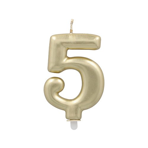 A PAPSTAR GmbH number candle with holder, 7 cm in gold and in the shape of the number five, is equipped with a pointed wick and is shown against a plain white background.