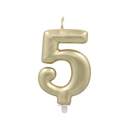 A PAPSTAR GmbH number candle with holder, 7 cm in gold and in the shape of the number five, is equipped with a pointed wick and is shown against a plain white background.