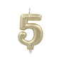 A PAPSTAR GmbH number candle with holder, 7 cm in gold and in the shape of the number five, is equipped with a pointed wick and is shown against a plain white background.