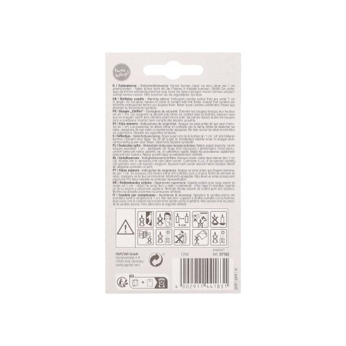 On the back of a PAPSTAR number candle with holder 7 cm "gold" packaging, there are texts in various languages, safety symbols, a recycling logo, a barcode, and small print manufacturer details of PAPSTAR GmbH.