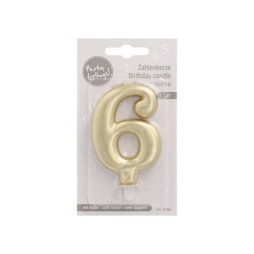 A golden PAPSTAR number candle with holder, shaped as number 6 and 7 cm tall, is in plastic packaging with multilingual labeling, description of the birthday candle, and a Party Greetings logo at the top left. Brand: PAPSTAR GmbH.