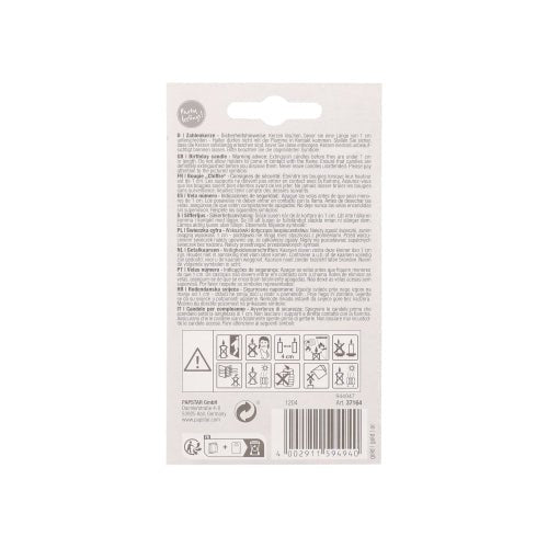 The back of a PAPSTAR number candle with holder 7 cm "gold" from PAPSTAR GmbH shows instructions and warnings in multiple languages, usage symbols, and recycling information on a white background.