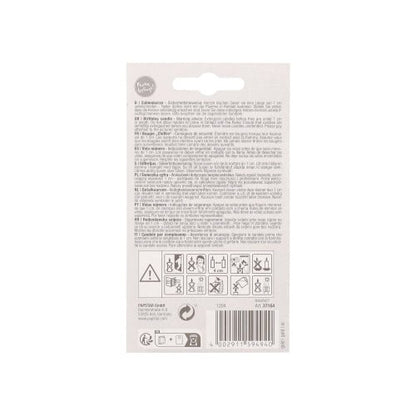 The back of a PAPSTAR number candle with holder 7 cm "gold" from PAPSTAR GmbH shows instructions and warnings in multiple languages, usage symbols, and recycling information on a white background.