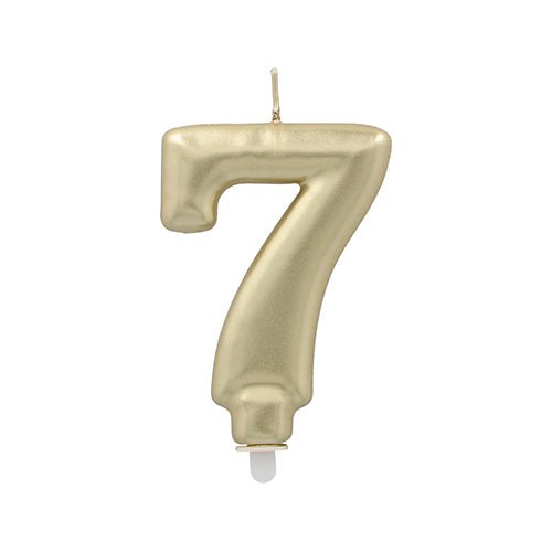 The PAPSTAR GmbH number candle with holder 7 cm "gold" is a gold-colored number candle with a pointed wick and a white stem foot for easy insertion.
