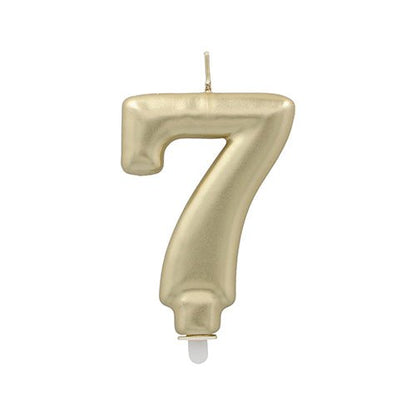 The PAPSTAR GmbH number candle with holder 7 cm "gold" is a gold-colored number candle with a pointed wick and a white stem foot for easy insertion.