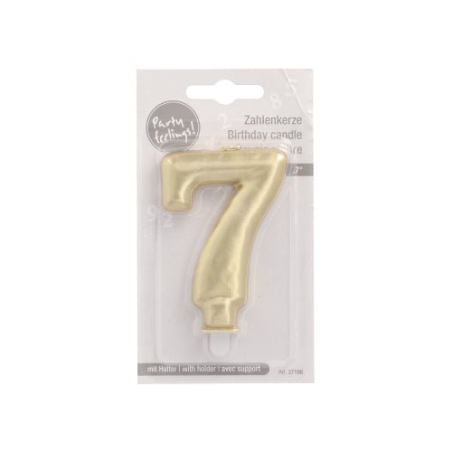 The PAPSTAR GmbH number candle with holder 7 cm "gold" is a golden number candle in clear plastic and cardboard packaging, labeled in German and English with a white holder - ideal as cake decoration.
