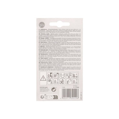 Back of a PAPSTAR number candle with holder 7 cm "Gold" packaging from PAPSTAR GmbH with multilingual instructions, warning symbols, recycling information, barcode, and brand logos. The white, black, and gray packaging matches any birthday cake decoration.